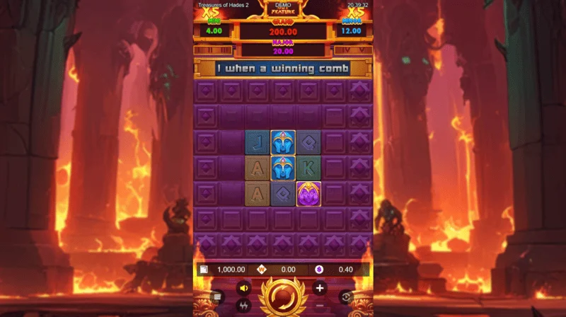 Treasures of Hades 2 – หน้าจอเกมหลักของสล็อตพร้อมวงล้อ 3×3 และ 20 betways จาก Rectangle Games